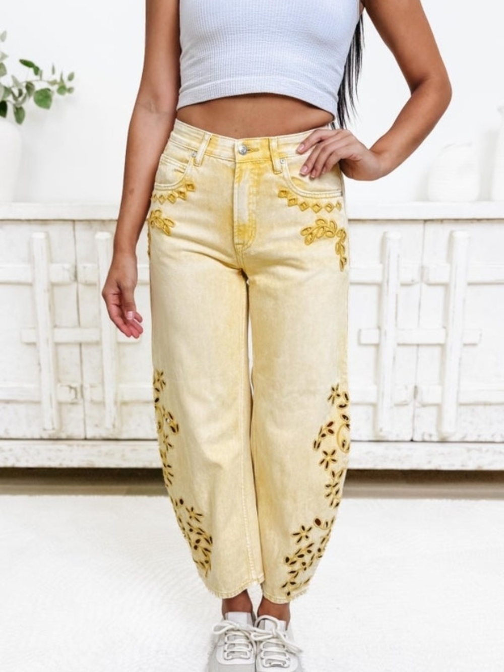 High-Rise Yellow Embroidered Cropped Barrel Jean With Tummy Control